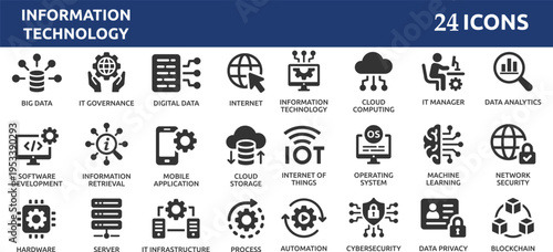Information Technology 24 icon set. Containing cloud computing, IT manager, big data, data analytics, internet, network security and more.