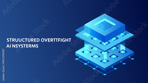 Abstract isometric illustration of layered microchip architecture and ai systems