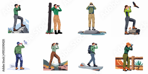 Collection of hikers and nature observers using binoculars in various outdoor landscapes including mountains, forests, and canyons.