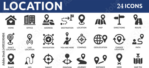Location 24 icon set. Containing map, map pin, gps, destination, directions, distance, place, navigation and address icons. Solid icons