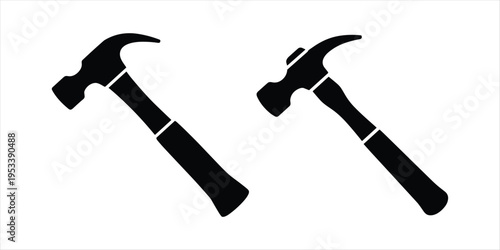 Two black silhouettes of claw hammers with striped handles on white background tool