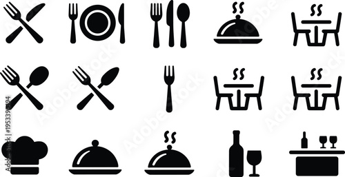 Restaurant and dining solid icon set with cutlery, plate, chef hat, serving tray, dining table, wine bottle, food service symbols