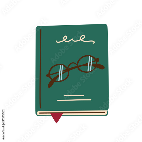 Green hardcover book with reading glasses on top, flatlay vector illustration. Reading hobby and book lover, cozy self care and leisure time flat cartoon icon, isolated colored clipart