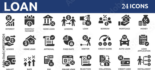 Loan 24 icon set. Containing mortgage, borrow, interest, debtor, credit score, lender, installment, rate, lending and more.