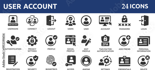 User account 24 icon set. Containing profile, password, login, username, avatar, connect, add friend and more.