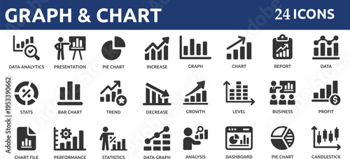 Graph and Chart 24 icon set. Containing data, increase, growth, pie chart, data analytics, business, report and more.