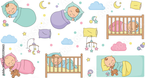 Sleeping Baby Characters Set with Cribs, Cute Newborn Infants, Night Nursery Elements, Peaceful Sleep Scenes, and Adorable Childcare Illustrations for Parenting Designs.