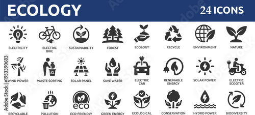 Ecology 24 icon set. Environment, sustainability, nature, recycle, renewable energy; electric bike, eco-friendly, forest, wind power, symbol.
