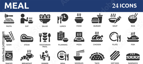 Meal 24 icon set. Containing food, lunch, eat, dinner, pasta, rice, pizza, salad, soup, breakfast and more.