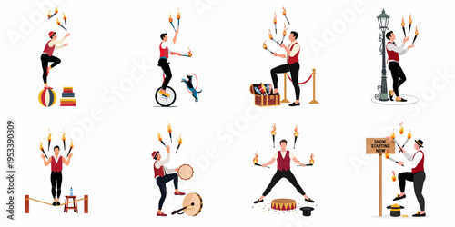Set of vector illustrations featuring a male circus performer juggling flaming torches while unicycling, balancing on a ball, and walking a tightrope.