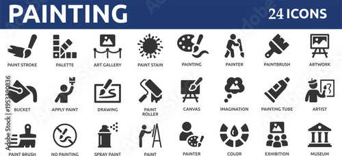 Painting 24 icon set. Containing paint, artwork, paintbrush, artist, museum, painter, art gallery, paint stroke and more.