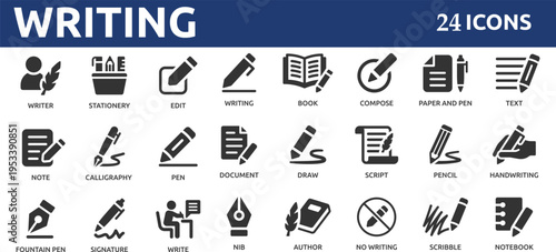 Writing 24 icon set. Containing pen, write, pencil, note, edit, writer, document, nib, text and more.