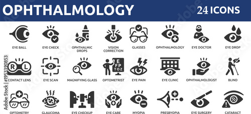 Ophthalmology 24 icon set, medical eye care, optometry and vision correction vector symbol.