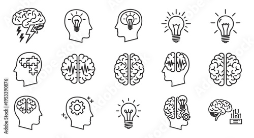 Conceptual illustration of brains and light bulbs representing ideas and thinking processes.