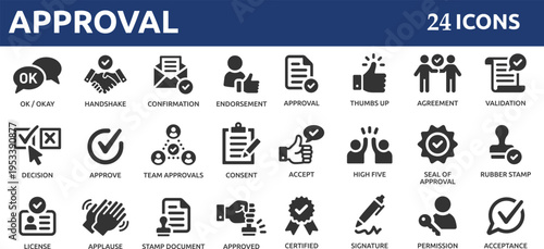 Approval 24 icon set. Containing accept, certified, thumps up, agreement, approve, validation, seal approved, confirmation and decision icons.
