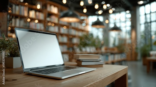 Laptop with blank screen on table in Modern library or bookstore interior with Learning and coworking space,relax zone,Library with rows of bookshelves,school or university,education concept.