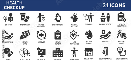 Health checkup 24 icon set. Medical care service symbol collection.