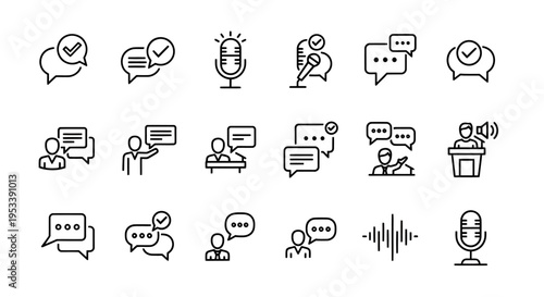 Set of linear business communication icons featuring chat bubbles, people, office scenes, and desk items in an outline style.
