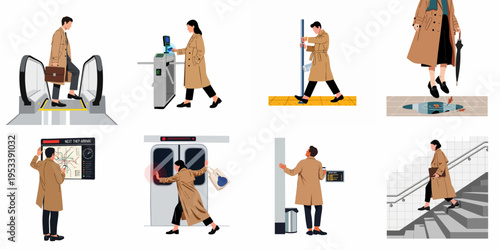 Collection of flat illustrations showing a man and a woman in beige trench coats commuting through subway stations and using public transportation.