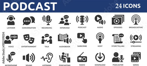 Podcast 24 icon collection. Containing audio, microphone, record, podcasting, broadcasting and entertainment icons.