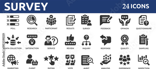Survey 24 icon set. Containing feedback, opinion, questionnaire, poll, research, data collection, review and satisfaction icons.