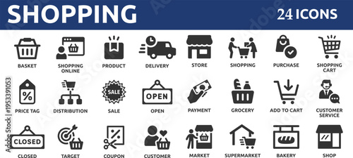Shopping 24 icon set. Online shopping, store, delivery, promotion and shopping cart symbol