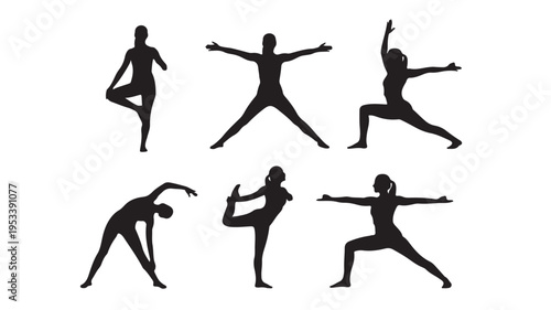 Set of 6 yoga poses vector silhouettes