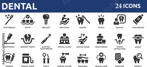 Dental 24 icon set. Containing tooth, dentist, toothpaste, toothbrush, teeth, implant and dentistry icons.