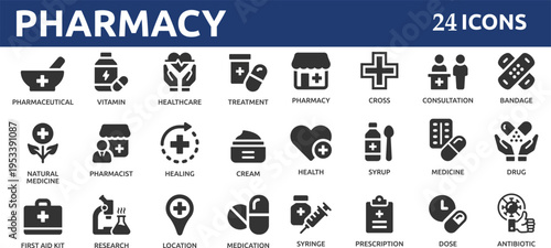 Pharmacy 24 icon set. Medicine, bandage, medication, prescription, treatment, health and syringe symbol.