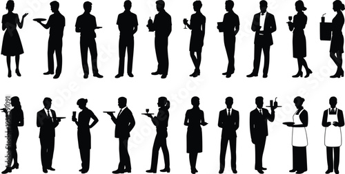 Waiter and waitress service staff silhouette collection with tray, drinks, restaurant uniform, hospitality workers, catering service team standing poses set