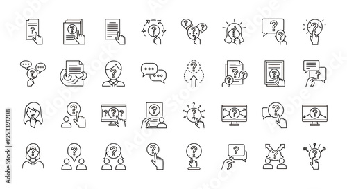 Collection of monochrome outline icons depicting various people in different activities for graphic resources.