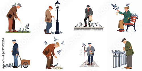 Vector illustrations of elderly men feeding pigeons in various city park scenes, isolated on a white background.