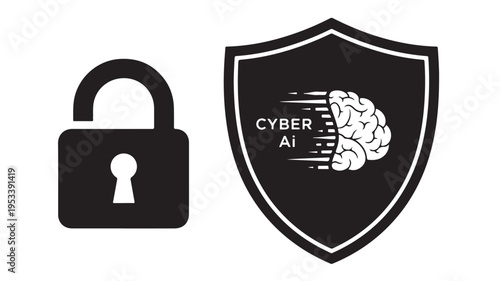 Set of 2 cybersecurity icons vector, lock and shield with brain