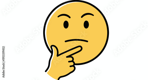 Cartoon thinking emoji with hand on chin in a thoughtful yellow face illustration.