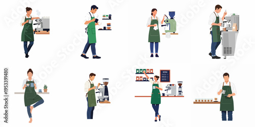 Set of professional baristas in green aprons working with coffee machines, pouring milk, and serving drinks in a modern cafe flat vector illustration.