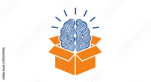 Creative illustration of a brain emerging from an orange box with radiating lines behind it.