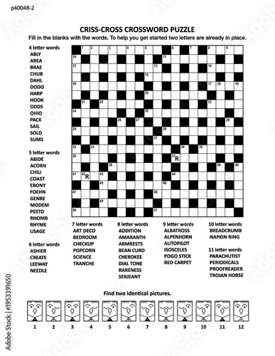 Puzzle page (p40048-2) with two puzzles: 19x19 criss-cross (fill-in) crossword word game with two hints and visual puzzle with whimsical faces. Black and white, A4 or Letter sized.
