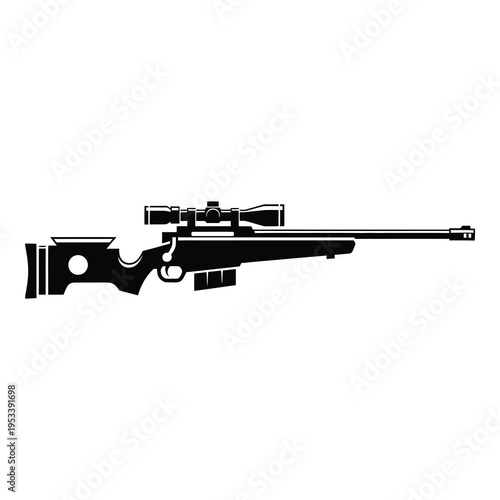 Sniper rifle with scope and silencer on white background icon
