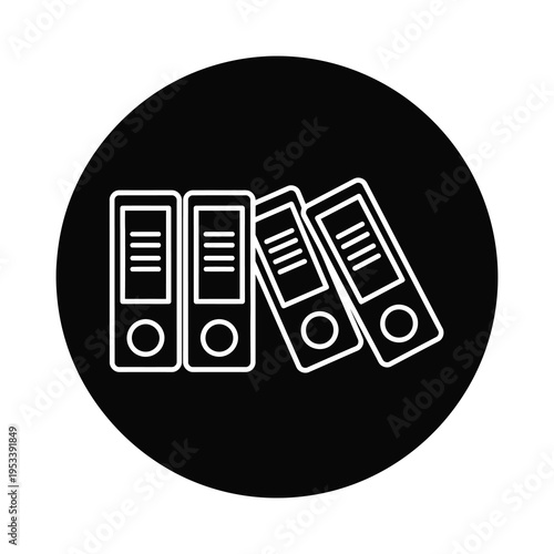 Three white binders on a black circle background office supplies icon