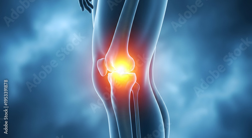 Human leg profile showing a detailed knee joint with intense glowing pain or inflammation highlighted