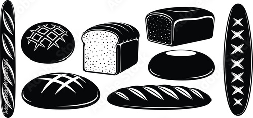 Set of bakery vector silhouettes featuring various bread types including long baguettes, sliced loaves, sourdough rounds, and artisan buns for bakery shop menus and logos.