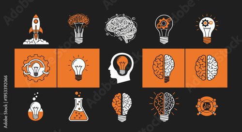 Iconic orange and white brain and light bulb motifs collage for science and ideas.