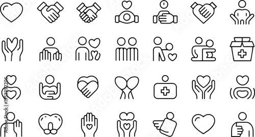  Charity and human care icon set. Volunteering, social support, kindness, family care and friendly relations thin outline symbols. Vector pack for web, app, infographic and social projects