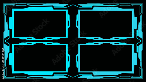 Neon blue futuristic frame divided into four equal squares on black
