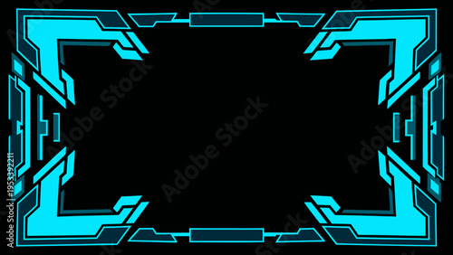 A futuristic glowing blue frame design on a black background