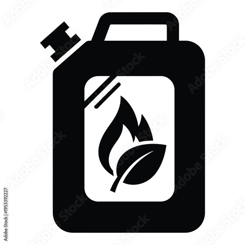 Biofuel canister with leaf and flame symbol on label graphic icon