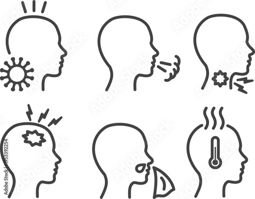 Disease symptoms virus icon set, cold sign