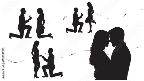 Set of 6 romantic couple proposal silhouettes vector