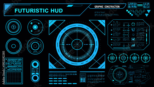Futuristic heads up display interface with geometric shapes and data visualizations