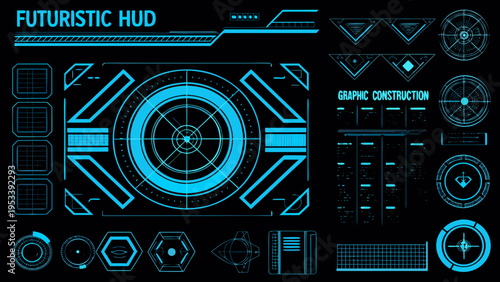 Futuristic heads up display elements in bright cyan on a black background